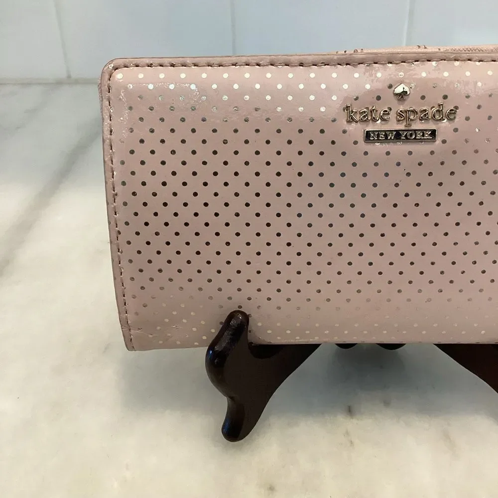 Kate Spade Wallet Pink Leather Polka Dot Patent Sleek Slim Full Sized Wallet